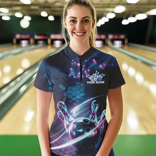 Custom Hexagon Holographic Bowling Team Women Quarter-Zip Shirts, Galaxy Bowling Shirt IPHW8903