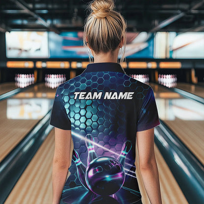Custom Hexagon Holographic Bowling Team Women Quarter-Zip Shirts, Galaxy Bowling Shirt IPHW8903