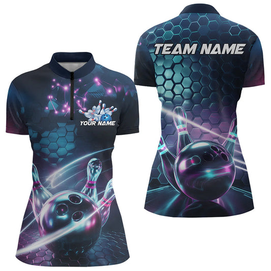 Custom Hexagon Holographic Bowling Team Women Quarter-Zip Shirts, Galaxy Bowling Shirt IPHW8903