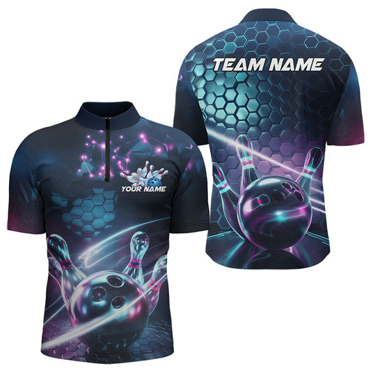 Custom Hexagon Holographic Bowling Team Men Quarter-Zip Shirts, Galaxy Bowling League Shirt IPHW8903