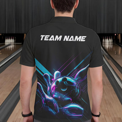 Custom Black, Blue And Purple Holographic Bowling Polo Shirts For Men, Bowling Team Uniform IPHW8905