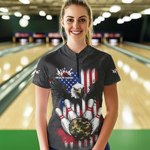 Load image into Gallery viewer, Custom Grunge US Flag Eagle Bowling Women Quarter-Zip Shirts, Patriotic Bowling Team Shirt IPHW8910