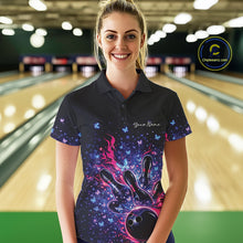 Load image into Gallery viewer, Female model wearing a colorful bowling polo shirt at the lane with flames, bowling pins, and butterfly graphics.