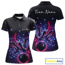 Load image into Gallery viewer, Front and back views of a colorful womens bowling polo shirt featuring flaming bowling ball artwork and sparkling butterflies.