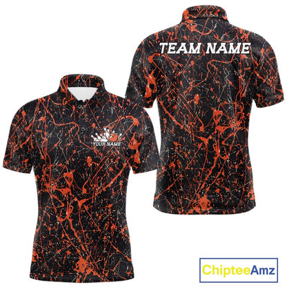 Custom black and orange paint splatter polo shirt mockup shown from front and back, featuring personalized â€œYour Nameâ€ text on the chest, large â€œTEAM NAMEâ€ lettering across the back