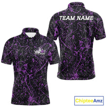 Load image into Gallery viewer, Custom black and purple  splatter polo shirt mockup shown from front and back, featuring personalized â€œYour Nameâ€ text on the chest, large â€œTEAM NAMEâ€ lettering across the back
