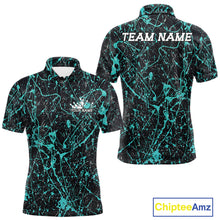 Load image into Gallery viewer, Custom black and teal paint splatter polo shirt mockup shown from front and back, featuring personalized â€œYour Nameâ€ text on the chest, large â€œTEAM NAMEâ€ lettering across the back
