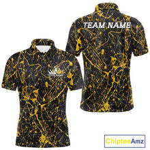 Load image into Gallery viewer, Custom black and yellow paint splatter polo shirt mockup shown from front and back, featuring personalized â€œYour Nameâ€ text on the chest, large â€œTEAM NAMEâ€ lettering across the back