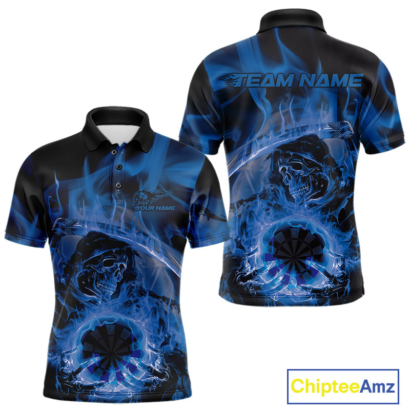 Custom Blue Flame Grim Reaper Halloween Dart Men Polo Shirts For Team, Dart Jerseys IPHW10030