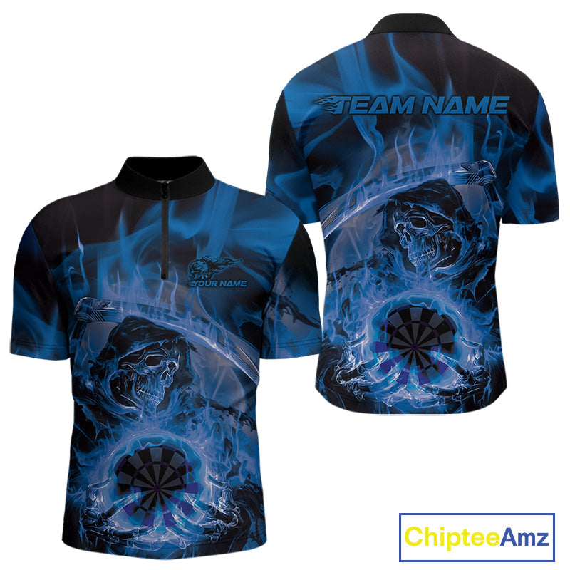Custom Blue Flame Grim Reaper Halloween Dart Men Quarter-Zip Shirts For Team, Dart Jerseys IPHW10030
