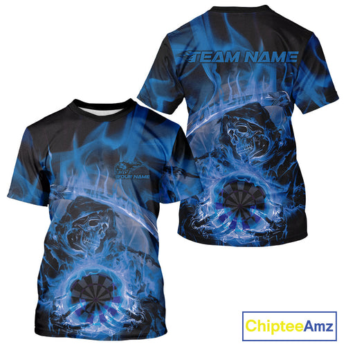 Custom Blue Flame Grim Reaper Halloween Dart Men T-Shirts For Team, Dart Jerseys IPHW10030