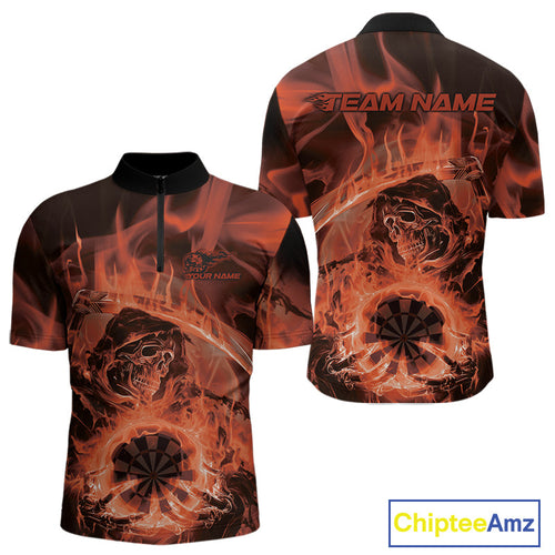 Custom Orange Flame Grim Reaper Halloween Dart Men Quarter-Zip Shirts For Team, Dart Jerseys IPHW10031