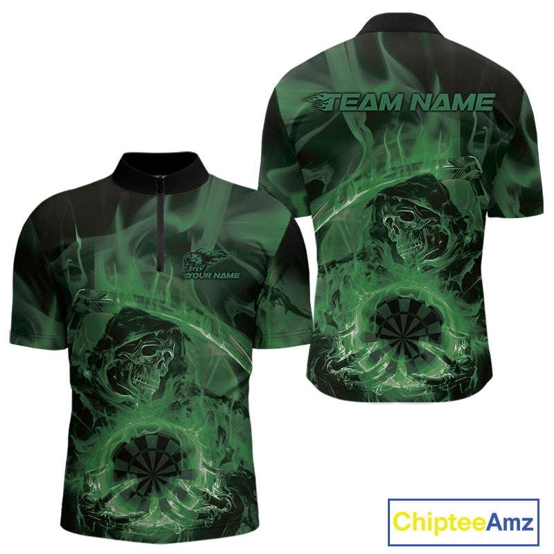 Custom Green Flame Grim Reaper Halloween Dart Men Quarter-Zip Shirts For Team, Dart Jerseys IPHW10033
