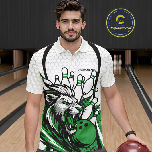 Custom Green Lion Bowling Men Polo Shirt, Lion Bowling Team League Shirt IPHW10127