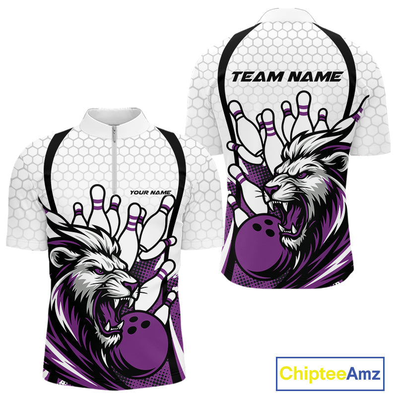 Custom Purple Lion Bowling Men Quarter-Zip Shirt, Lion Bowling Team League Shirt IPHW10128