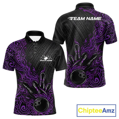 Custom Black And Purple Tribal Flame Bowling Ball Bowling Team Shirts, Polynesian Bowling Tournament Shirt IPHW10505