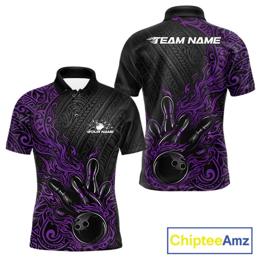 Custom Black And Purple Tribal Flame Bowling Ball Bowling Team Shirts, Polynesian Bowling Tournament Shirt IPHW10505