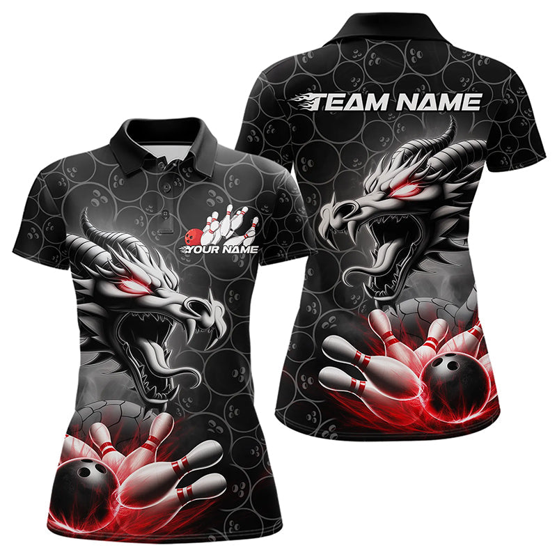 Custom Black And Red Dragon Bowling Women Polo Shirts, Bowling Pattern Dragon Bowler Outfit IPHW8916