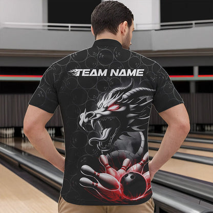 Custom Black And Red Dragon Bowling Men Quarter-Zip Shirts, Bowling Pattern Dragon Bowler Outfit IPHW8916