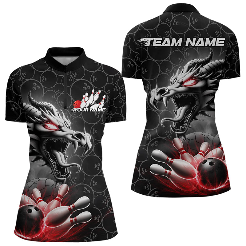 Custom Black And Red Dragon Bowling Women Quarter-Zip Shirts, Dragon Bowler Outfit IPHW8916