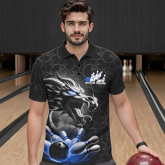 Custom Black And Blue Dragon Bowling Men Polo Shirts, Bowling Pattern Dragon Bowler Outfit IPHW8918