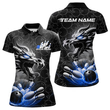 Load image into Gallery viewer, Custom Black And Blue Dragon Bowling Women Polo Shirt, Bowling Pattern Dragon Bowler Outfit IPHW8918
