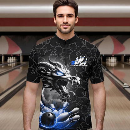 Custom Black And Blue Dragon Bowling Men Quarter-Zip Shirts, Bowling Pattern Dragon Bowler Outfit IPHW8918