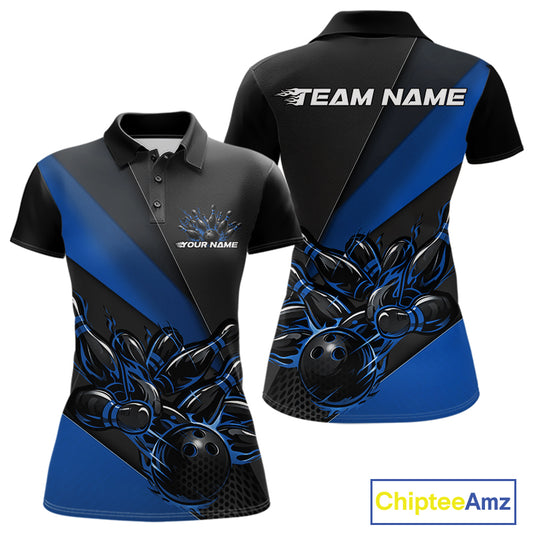Front and back mockup of women’s black and blue polo shirt featuring flame bowling ball striking pins in clean modern sports apparel presentation.