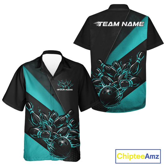 Front and back view of a black and turquoise blue button-up bowling shirt mockup showcasing flame bowling ball and pins energetic sportswear graphics.