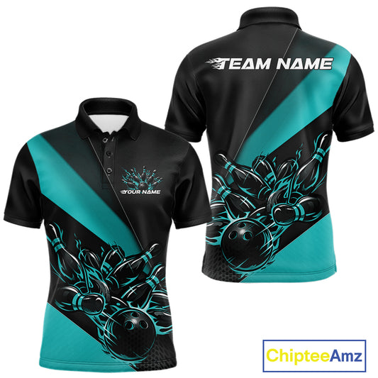Front and back view mockup of a men’s black and turquoise blue polo shirt featuring a flame bowling ball striking pins in a clean, modern sports apparel style.