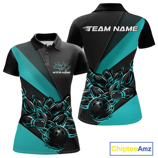 Front and back mockup of women’s black and turquoise blue polo shirt featuring flame bowling ball striking pins in modern athletic apparel style.