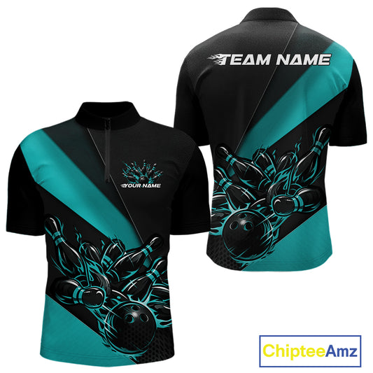 Mens quarter zip bowling shirt mockup, black and turquoise blue version featuring flaming bowling ball striking pins energetic artwork