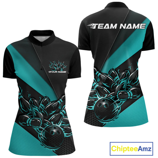 Womens quarter zip bowling shirt mockup, black and turquoise blue version with flaming bowling ball striking pins dynamic design