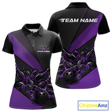 Load image into Gallery viewer, Front and back mockup of women’s black and purple polo shirt featuring flame bowling ball striking pins in vibrant sportswear presentation.