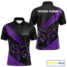 Load image into Gallery viewer, Front and back view mockup of a men’s black and purple polo shirt featuring a flame bowling ball striking pins in a bold sports apparel design.