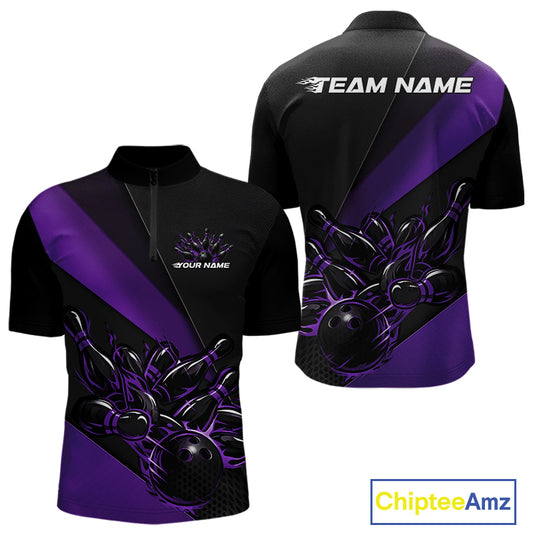 Mens quarter zip bowling shirt mockup, black and purple version featuring flaming bowling ball hitting pins dynamic illustration