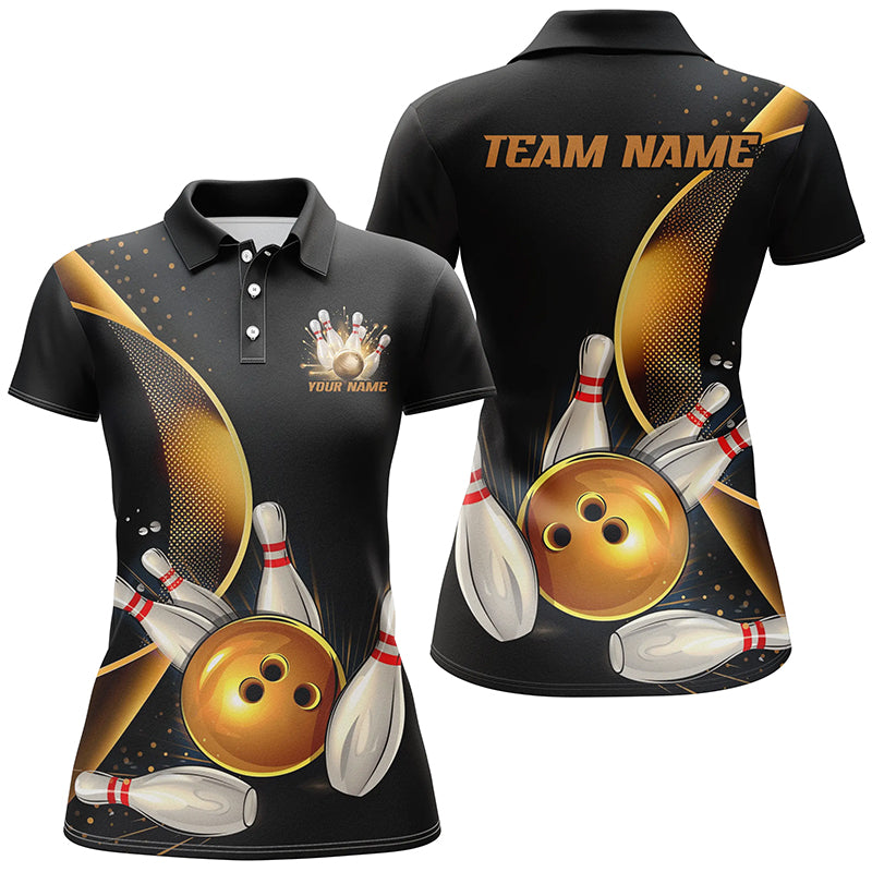 Custom Black And Gold Bowling Team Shirts For Women, Unisex Bowling League Shirts IPHW6616