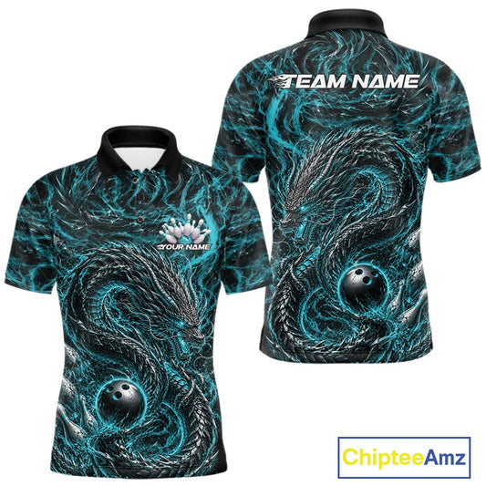 Custom sublimated bowling polo shirt with an cyan blue oriental dragon design wrapping around a bowling ball