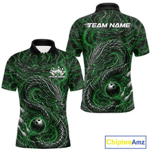 Load image into Gallery viewer, Custom sublimated bowling polo shirt with an green oriental dragon design wrapping around a bowling ball