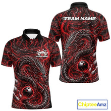 Load image into Gallery viewer, Custom sublimated bowling polo shirt with an red oriental dragon design wrapping around a bowling ball