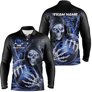 Custom Blue Skull Bowling Long Sleeve Polo Shirts For Men, Halloween Bowling Team Shirts IPHW6800