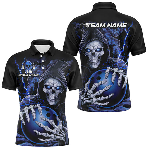 Custom Blue Skull Bowling Polo Shirts For Men, Personalized Halloween Bowling Team Shirts IPHW6800