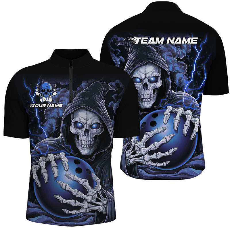 Custom Blue Skull Bowling Quarter Zip Shirts For Men, Personalized Halloween Bowling Team Shirts IPHW6800