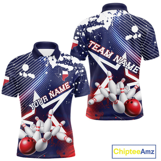 Front and back views of a customizable short-sleeve bowling t-shirt with a navy blue, white, and red patriotic theme, featuring bowling pins, balls, and 'YOUR NAME' text placeholders, shown on a white background with a ChipteeAmz logo in the corner.