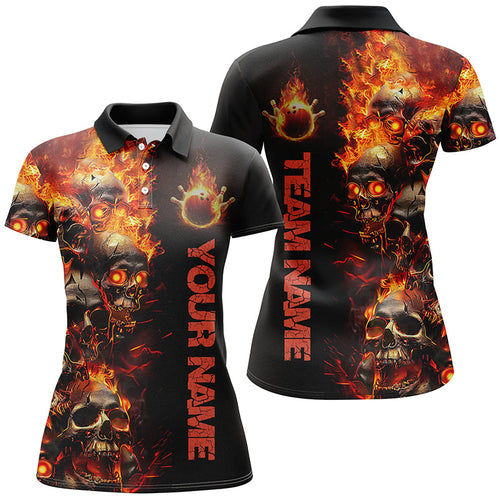 Custom Flame Skull Bowling Shirts For Women, Halloween Bowling Outfits For Bowling Team IPHW7169