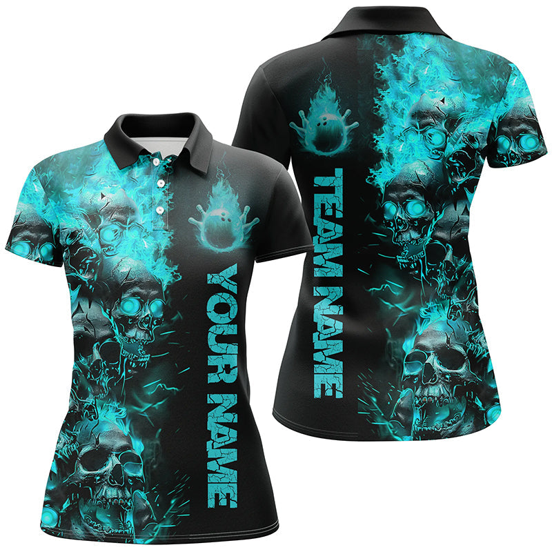 Custom Blue Flame Skull Bowling Shirts For Women, Halloween Bowling Outfit For Bowling Team IPHW7170