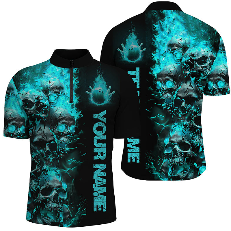 Custom Blue Flame Skull Bowling Shirts For Men, Halloween Bowling Outfits For Bowling Team IPHW7170