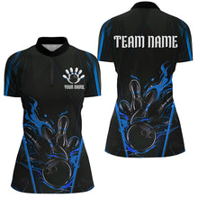 Load image into Gallery viewer, Black And Blue Flame Custom Bowling Shirts For Women, Bowling League Shirt Team Jerseys IPHW7175