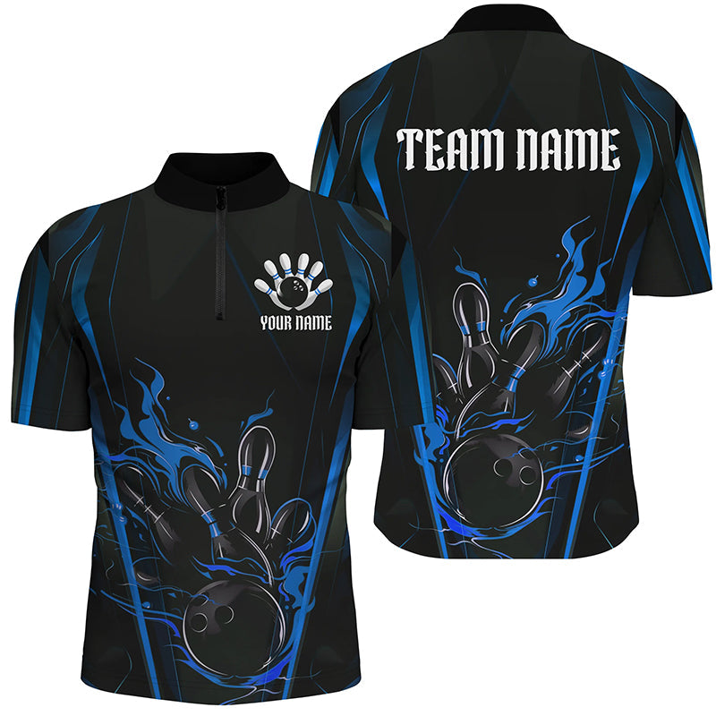 Black And Blue Flame Custom Bowling Shirts For Men, Bowling League Shirt Team Jerseys IPHW7175