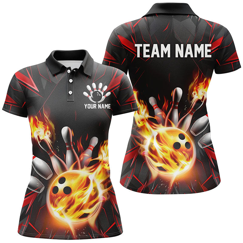 Red And Black Custom Flame Bowling Shirts For Women, Custom Bowling Team Shirts Outfits IPHW7177